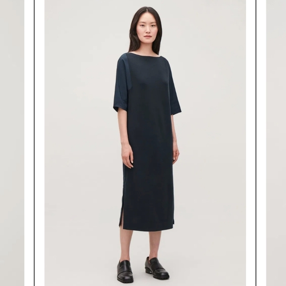 COS Woven-Knit Mix Dress small navy blue - Picture 1 of 12